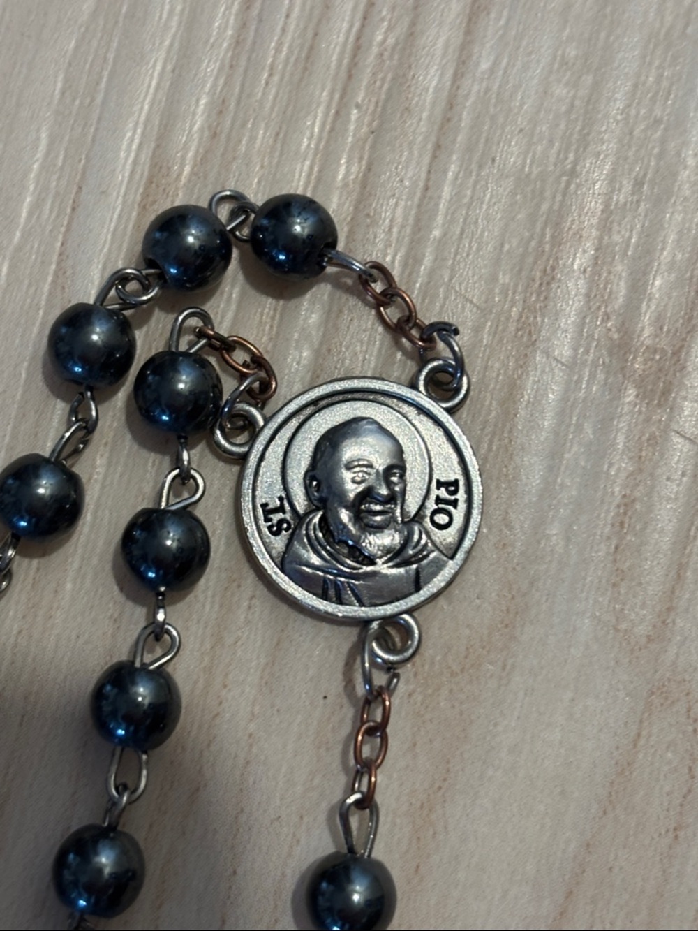 Antique Black Bead St. Padre Pio Rosary with Detailed Crucifix - Picture 3 of 8